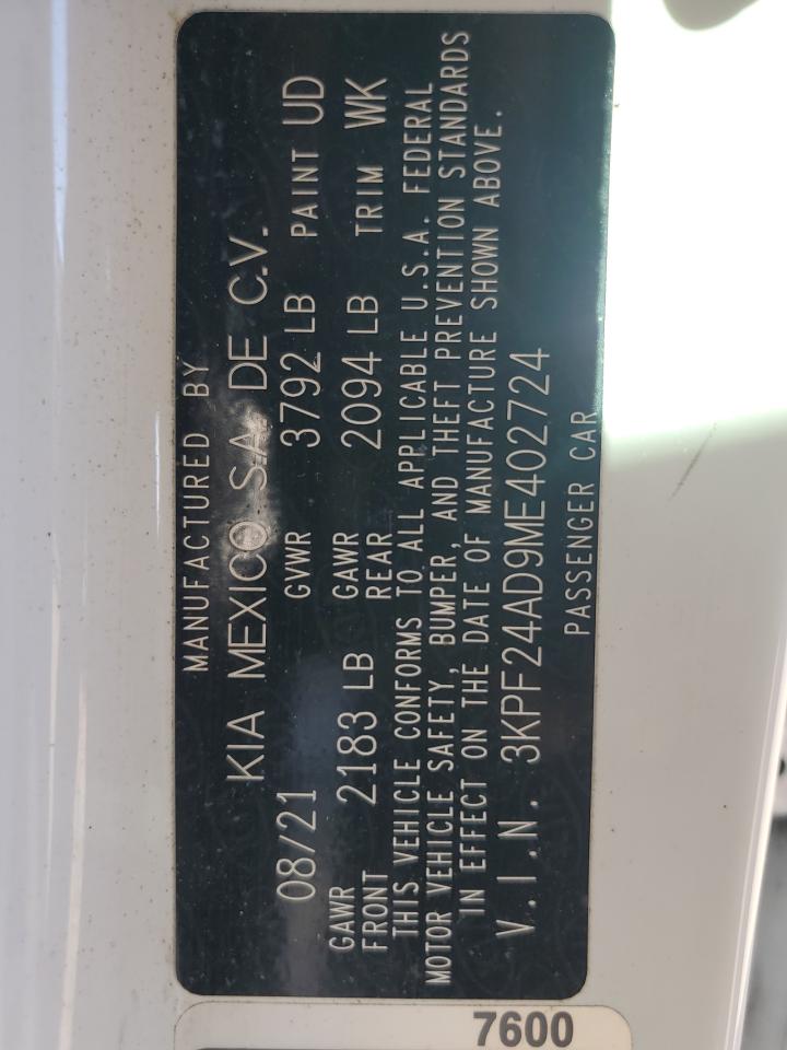 2021 Kia Forte Fe VIN: 3KPF24AD9ME402724 Lot: 84280655