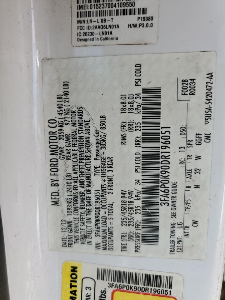 2013 Ford Fusion Titanium VIN: 3FA6P0K90DR196051 Lot: 85129425