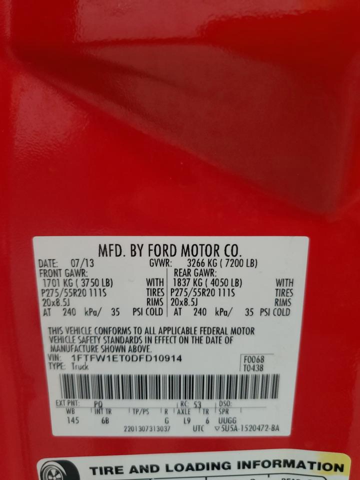 2013 Ford F150 Supercrew VIN: 1FTFW1ET0DFD10914 Lot: 87298975