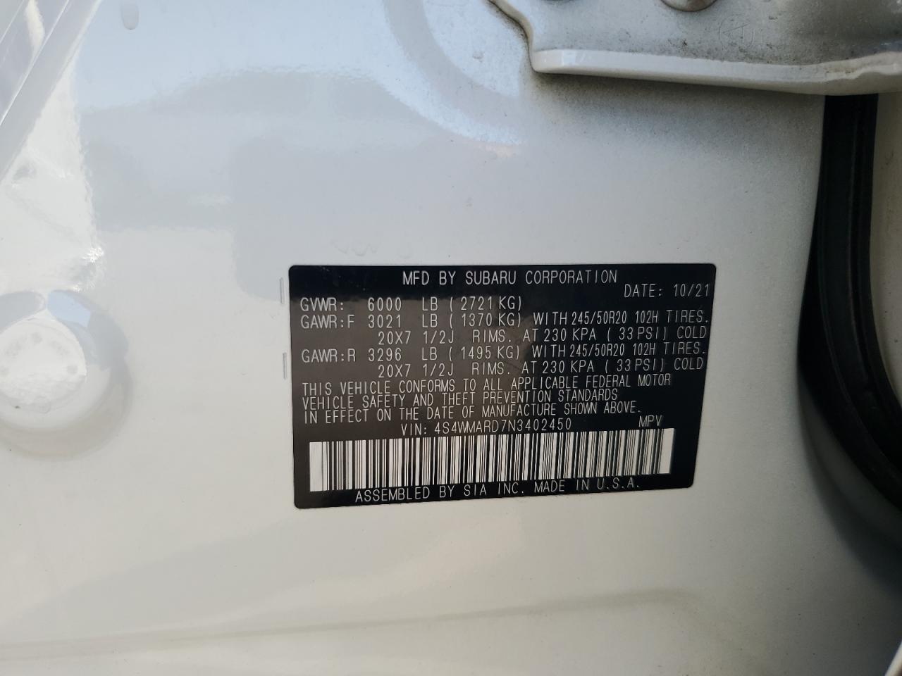 2022 Subaru Ascent Touring VIN: 4S4WMARD7N3402450 Lot: 81474215