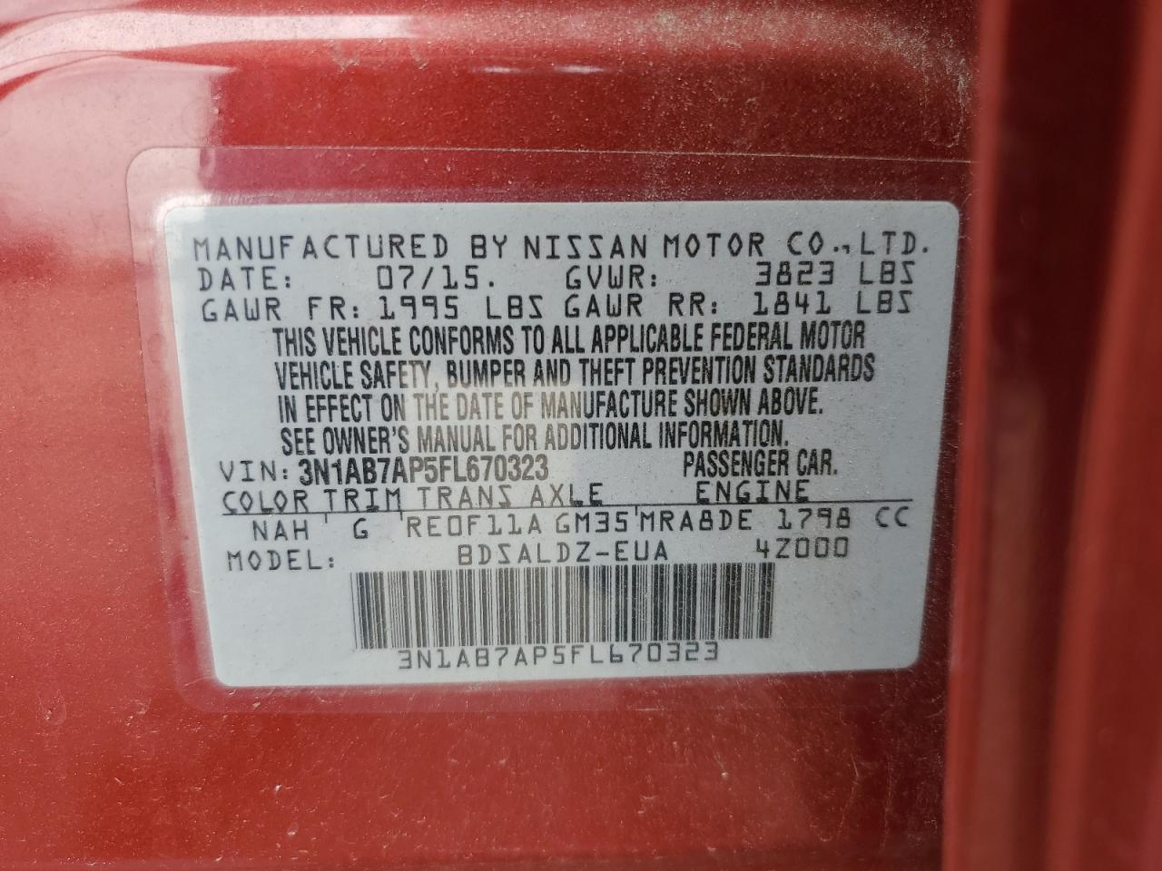 2015 Nissan Sentra S VIN: 3N1AB7AP5FL670323 Lot: 82348415