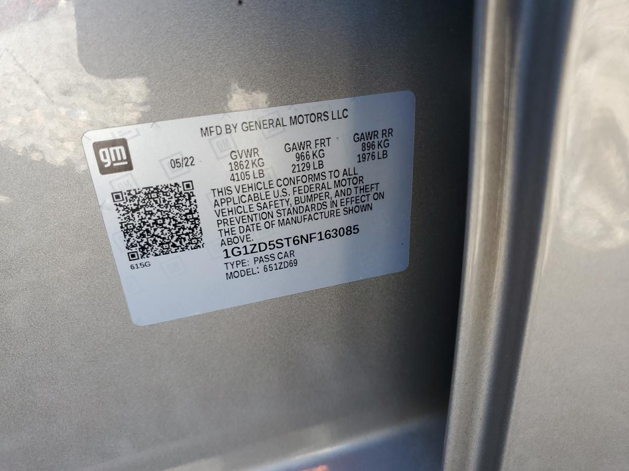 2022 Chevrolet Malibu Lt VIN: 1G1ZD5ST6NF163085 Lot: 89485095