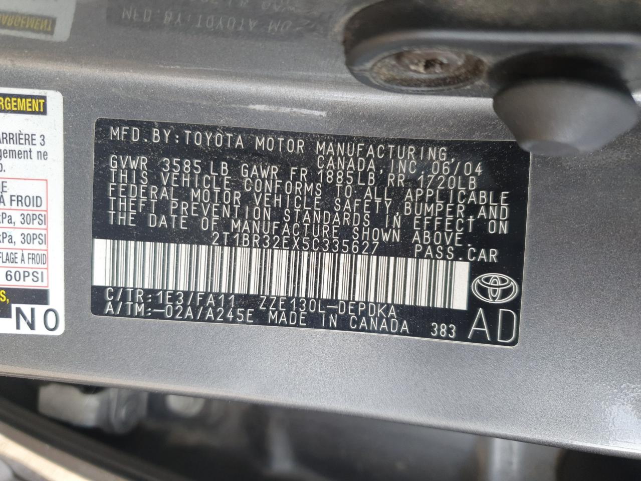 2005 Toyota Corolla Ce VIN: 2T1BR32EX5C335627 Lot: 86284765