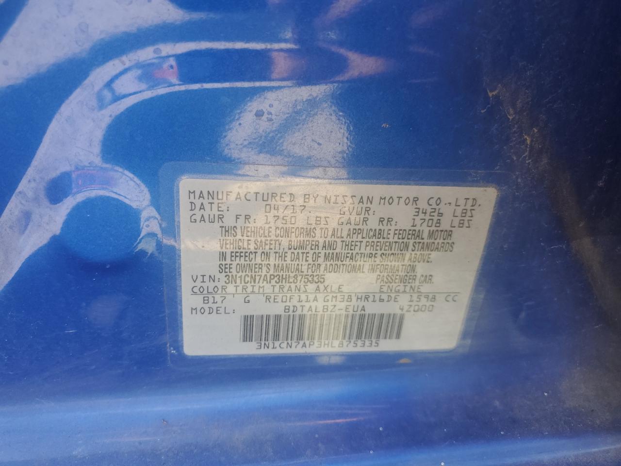 2017 Nissan Versa S VIN: 3N1CN7AP3HL875335 Lot: 86144515