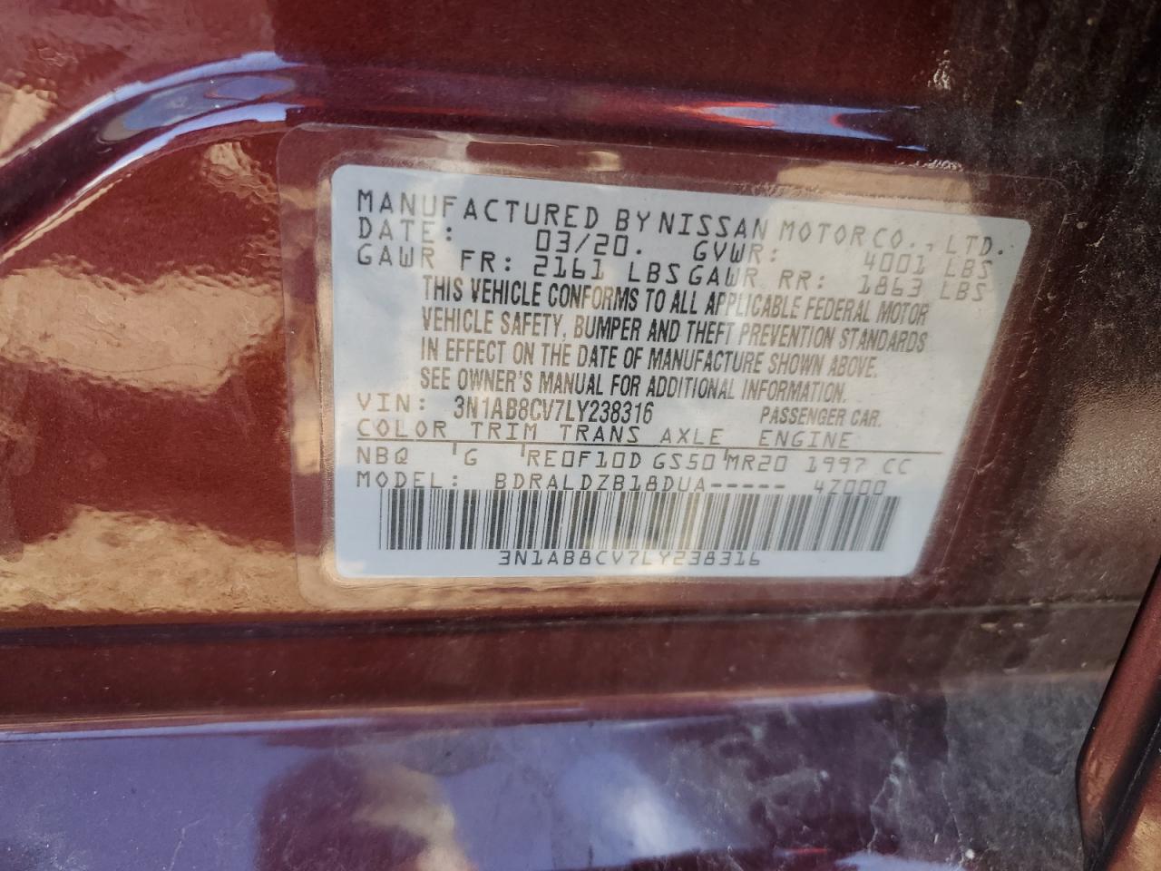 2020 Nissan Sentra Sv VIN: 3N1AB8CV7LY238316 Lot: 82355205