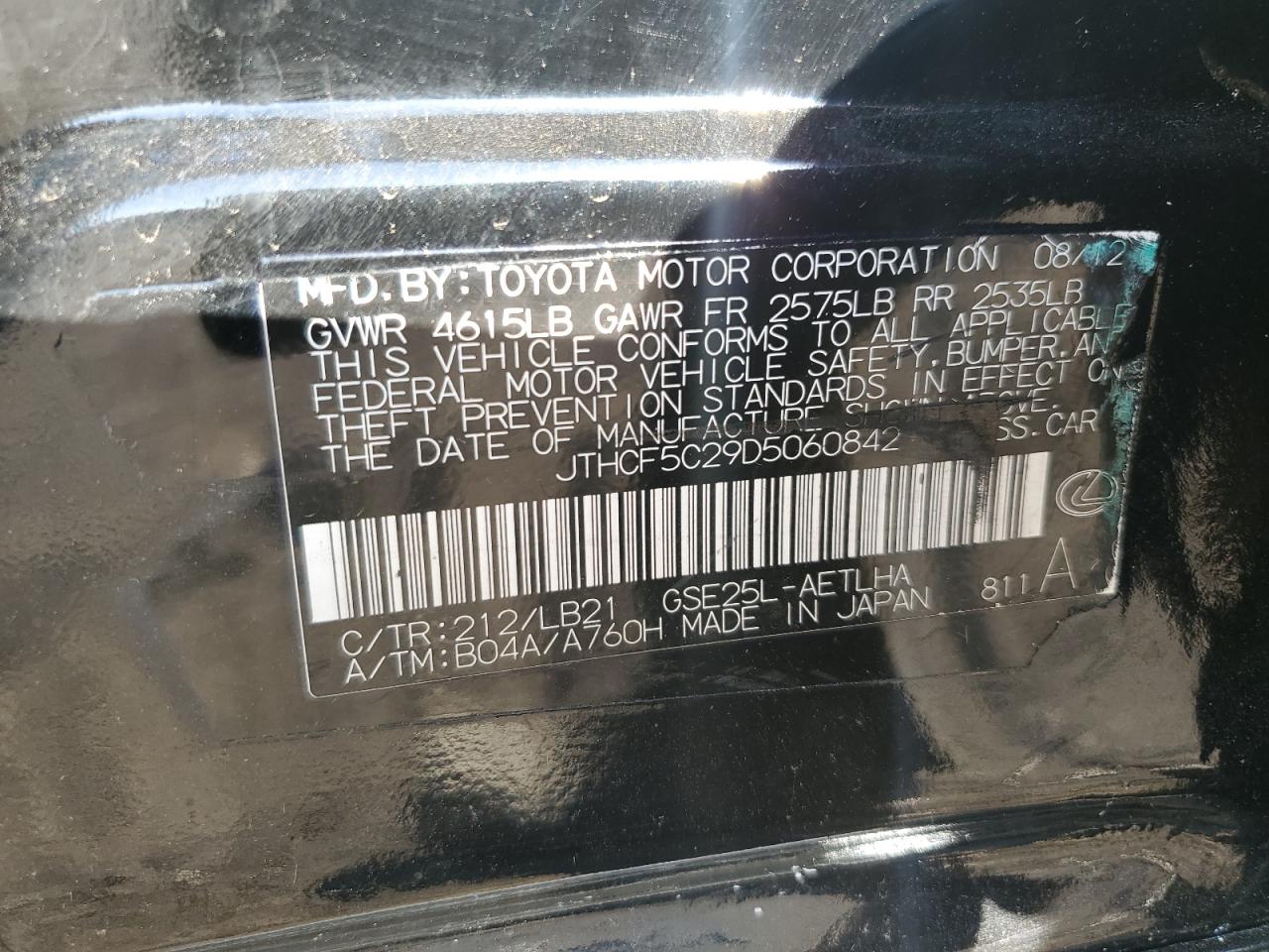 2013 Lexus Is 250 VIN: JTHCF5C29D5060842 Lot: 85509485