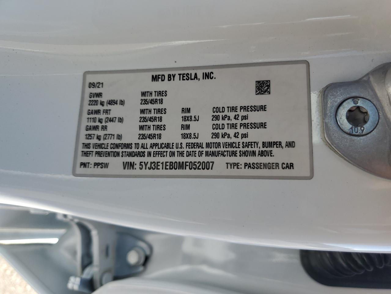 2021 Tesla Model 3 VIN: 5YJ3E1EB0MF052007 Lot: 86529425