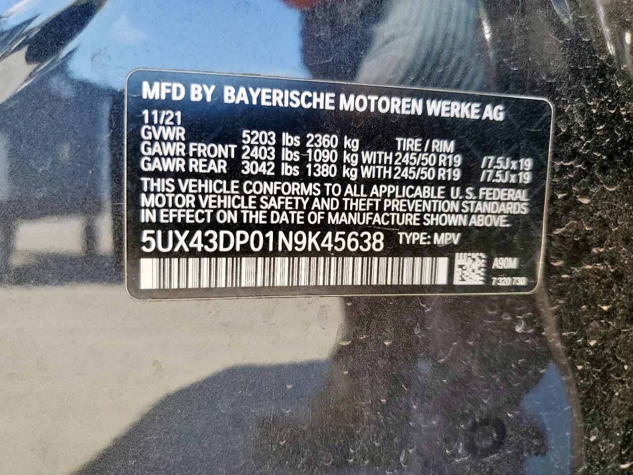 2022 BMW X3 Sdrive30I VIN: 5UX43DP01N9K45638 Lot: 85160325