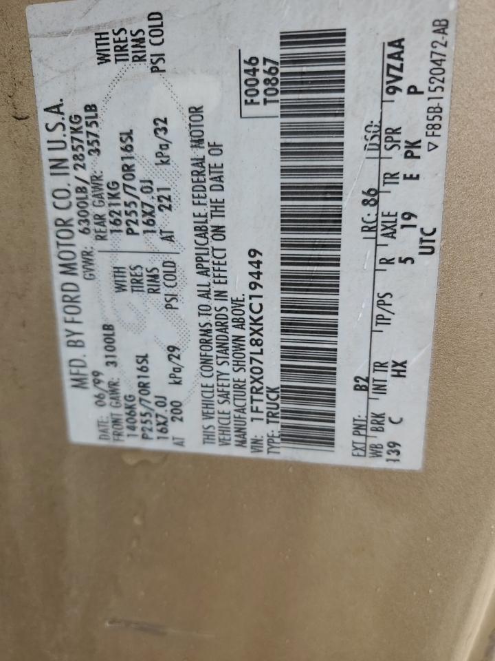 1999 Ford F150 VIN: 1FTRX07L8XKC19449 Lot: 86262565