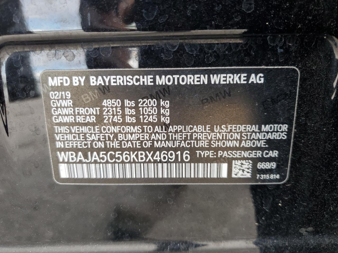 2019 BMW 530 I VIN: WBAJA5C56KBX46916 Lot: 81846835