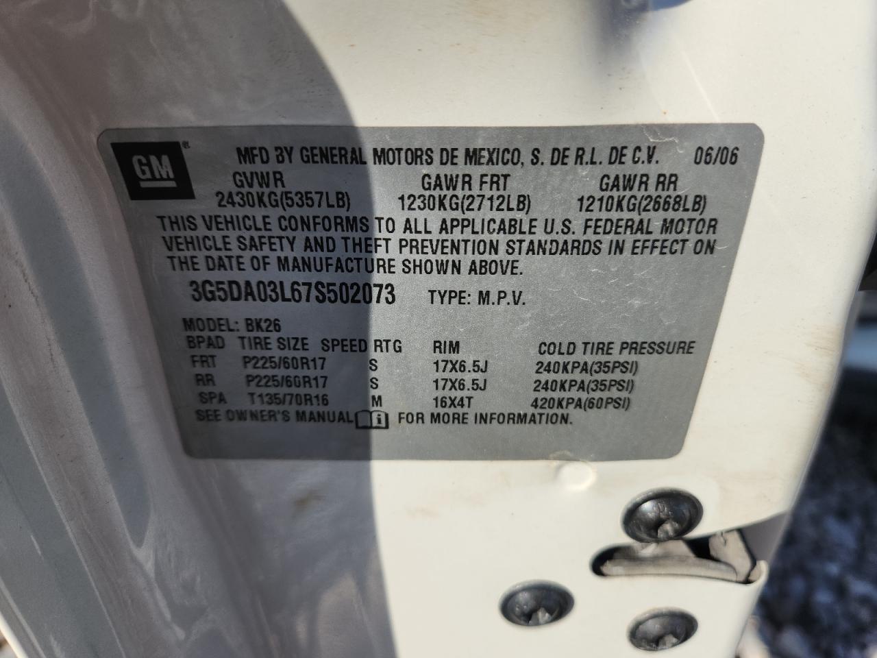 2007 Buick Rendezvous Cx VIN: 3G5DA03L67S502073 Lot: 87128565