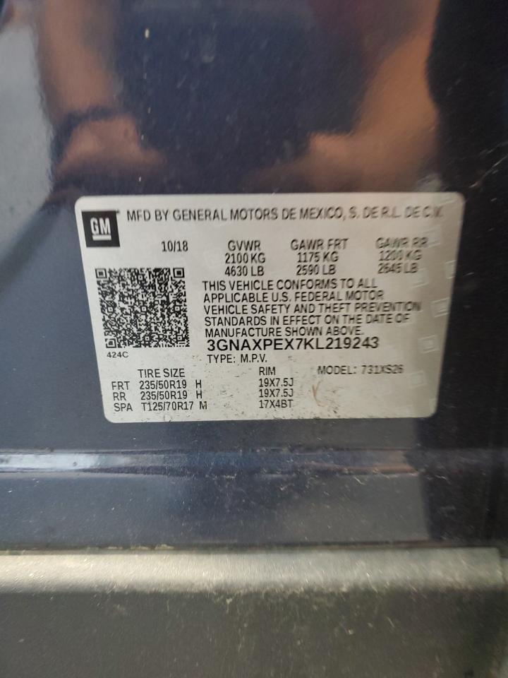 2019 Chevrolet Equinox Premier VIN: 3GNAXPEX7KL219243 Lot: 85113015