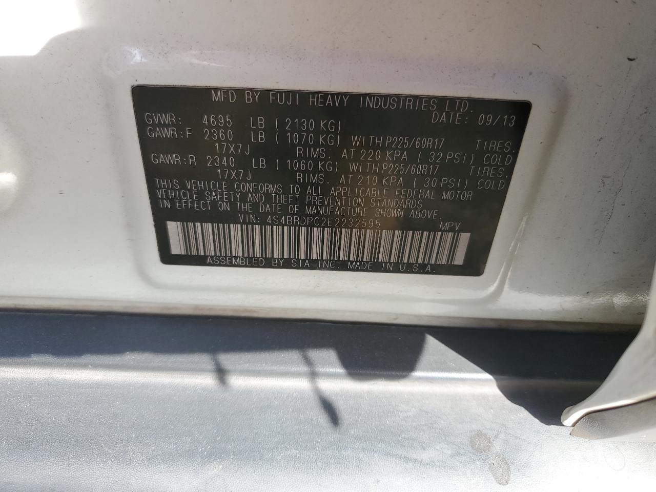 2014 Subaru Outback 3.6R Limited VIN: 4S4BRDPC2E2232595 Lot: 82466725