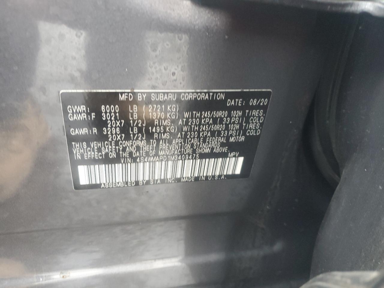 2021 Subaru Ascent Limited VIN: 4S4WMAPD1M3409475 Lot: 90779335