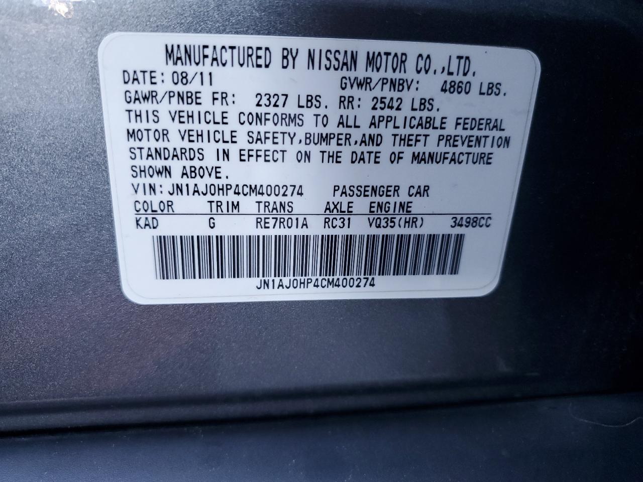 2012 Infiniti Ex35 Base VIN: JN1AJ0HP4CM400274 Lot: 86340165