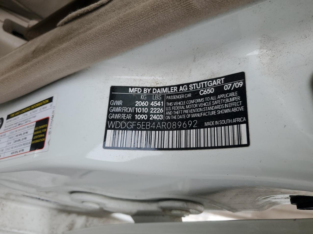 2010 Mercedes-Benz C 300 VIN: WDDGF5EB4AR089692 Lot: 85535905
