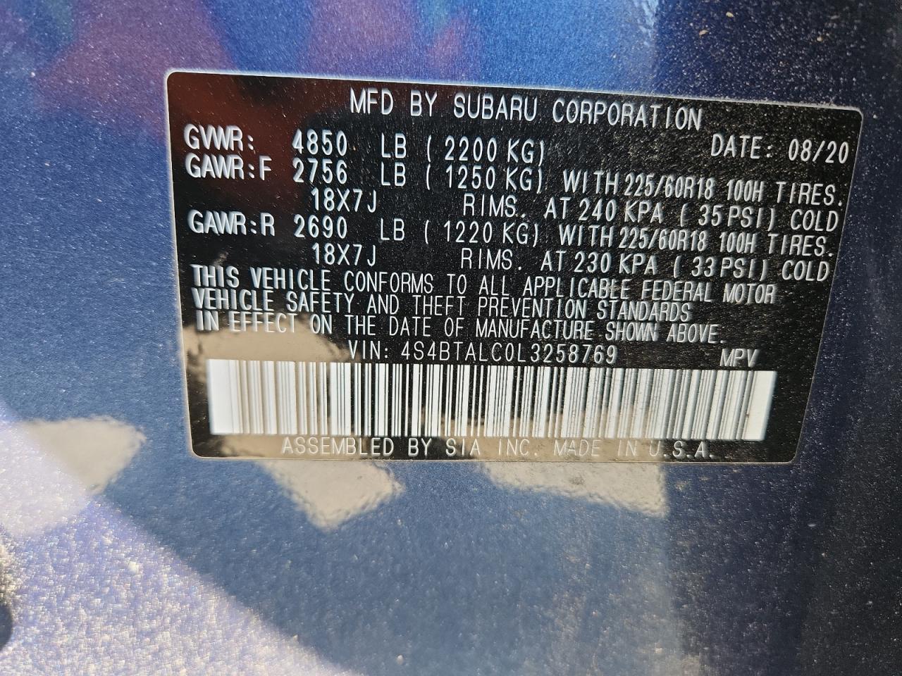 2020 Subaru Outback Limited VIN: 4S4BTALC0L3258769 Lot: 85762555