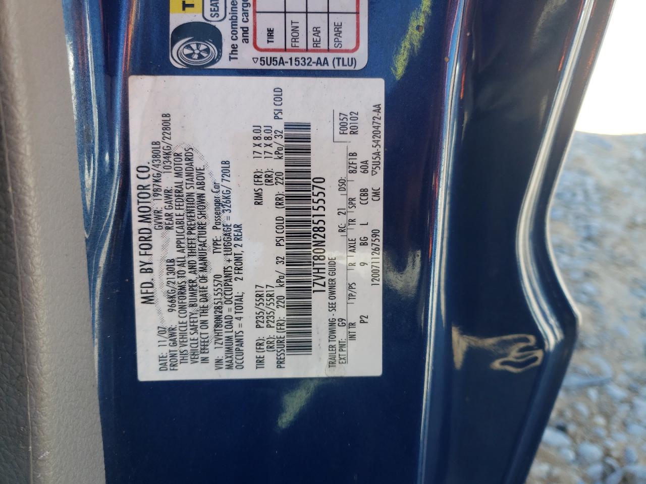 2008 Ford Mustang VIN: 1ZVHT80N285155570 Lot: 85408105