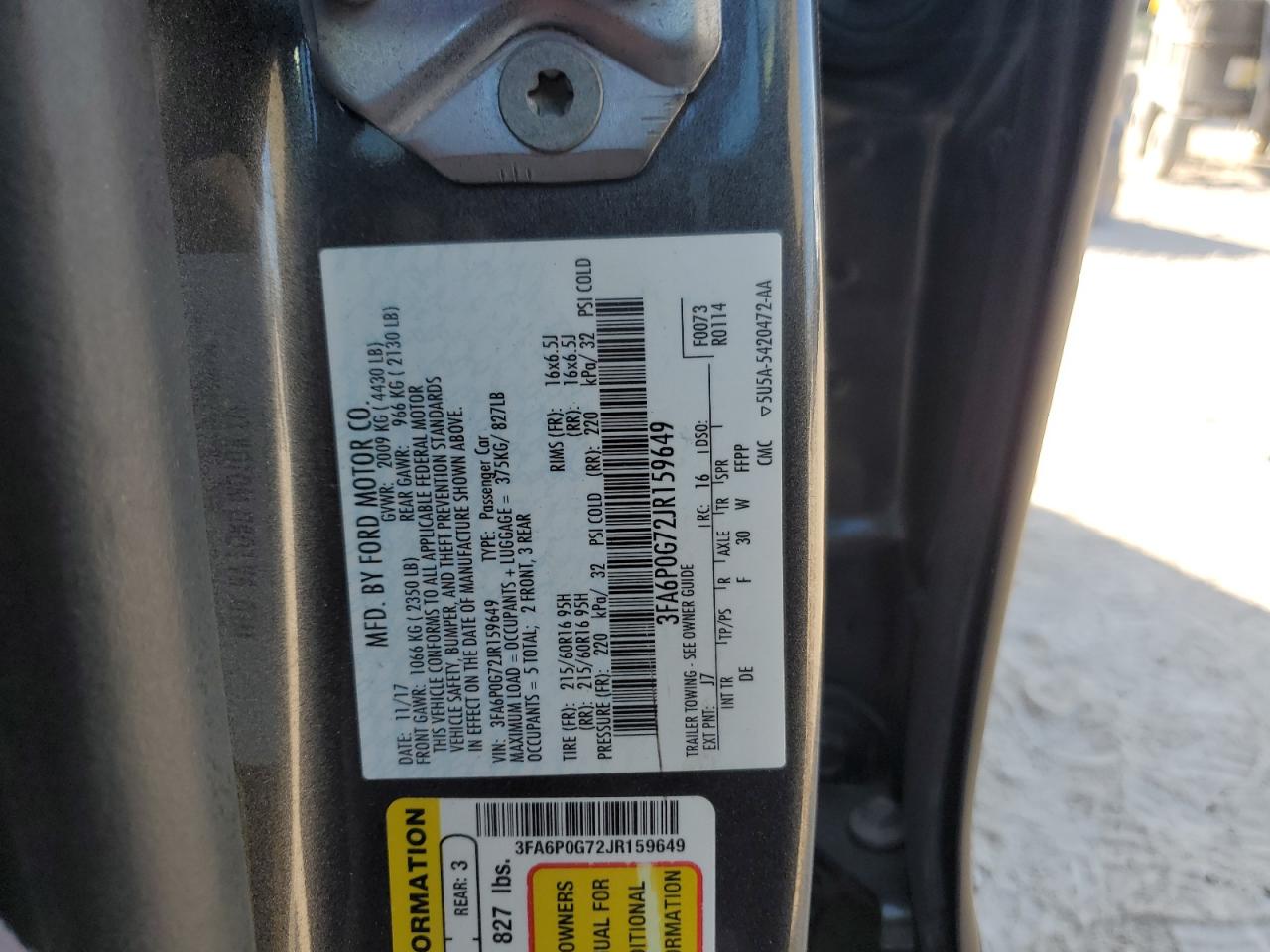 2018 Ford Fusion S VIN: 3FA6P0G72JR159649 Lot: 86789265