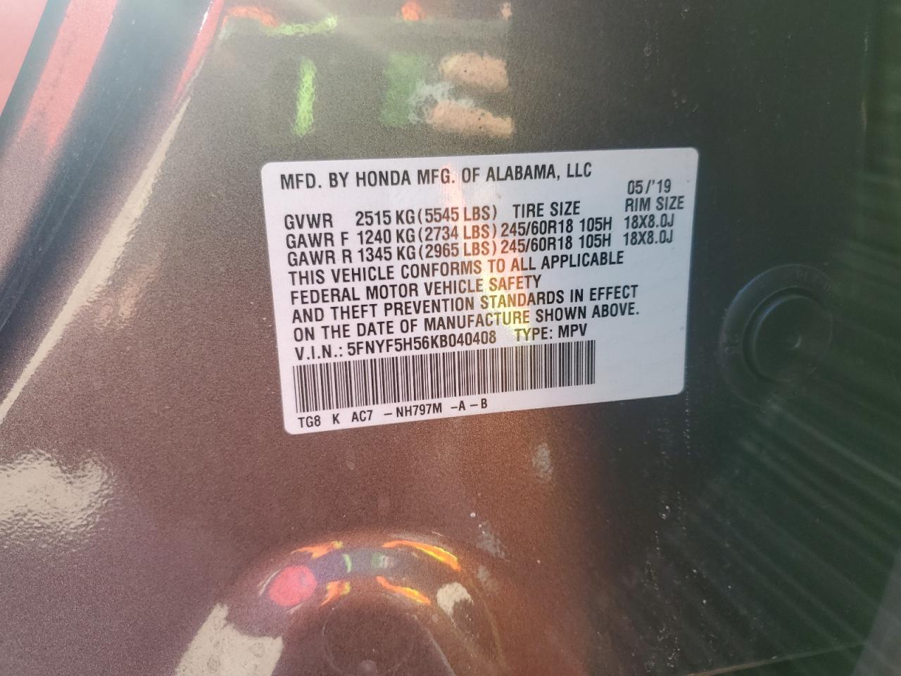 2019 Honda Pilot Exl VIN: 5FNYF5H56KB040408 Lot: 87386765