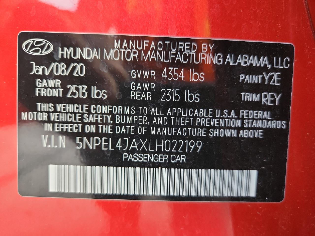 2020 Hyundai Sonata Sel VIN: 5NPEL4JAXLH022199 Lot: 85007945