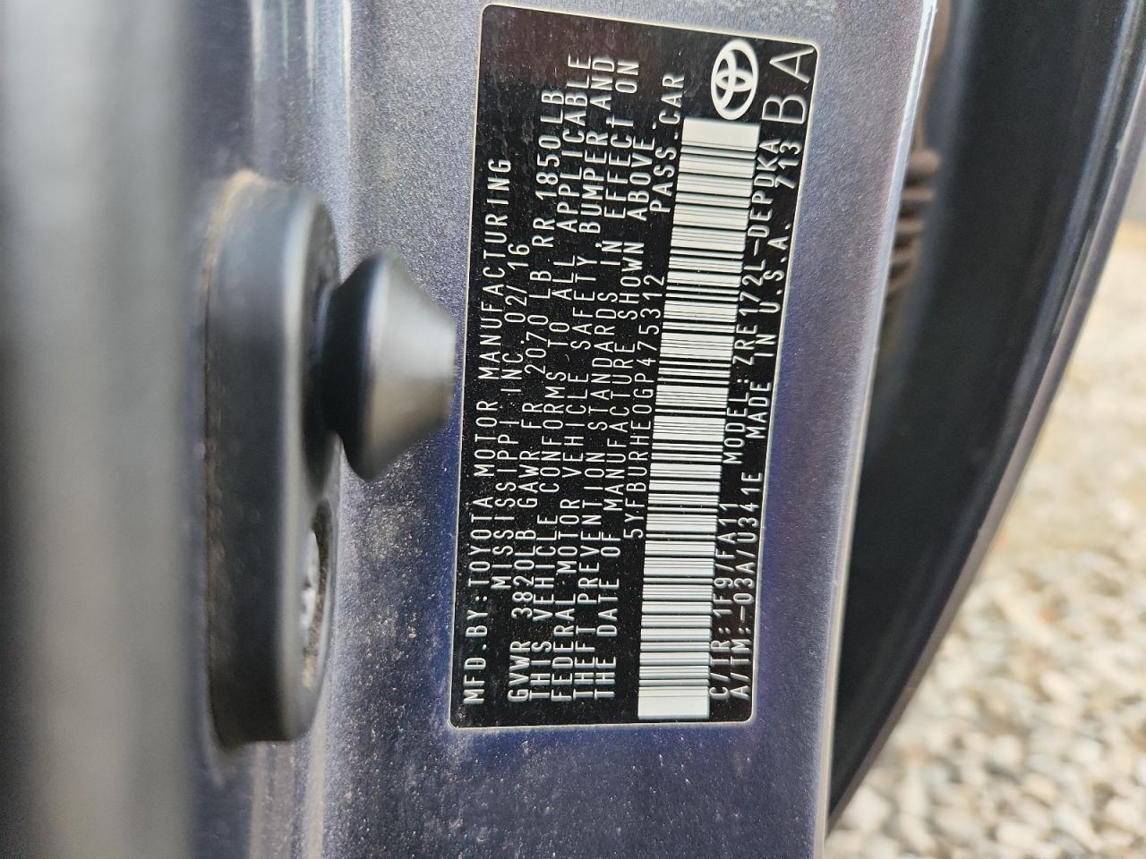 2016 Toyota Corolla L VIN: 5YFBURHE0GP475312 Lot: 85539085