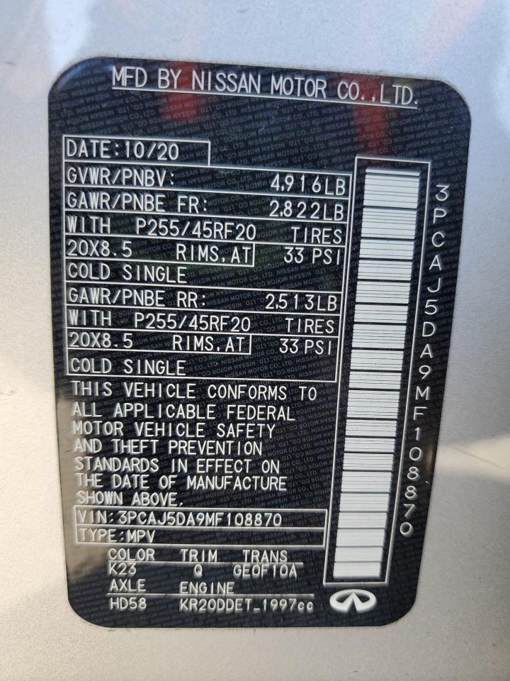 2021 Infiniti Qx50 Sensory VIN: 3PCAJ5DA9MF108870 Lot: 82615735