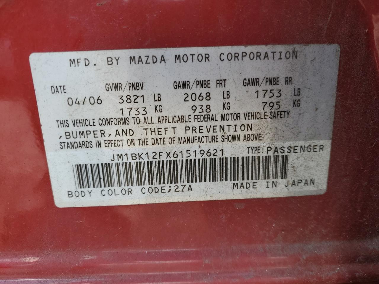 2006 Mazda 3 I VIN: JM1BK12FX61519621 Lot: 81959805