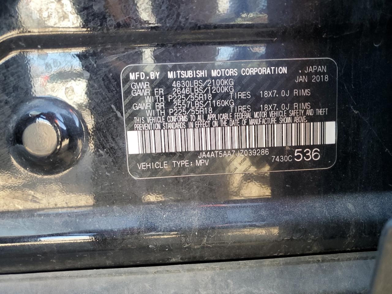 2018 Mitsubishi Eclipse Cross Se VIN: JA4AT5AA7JZ039286 Lot: 85096115