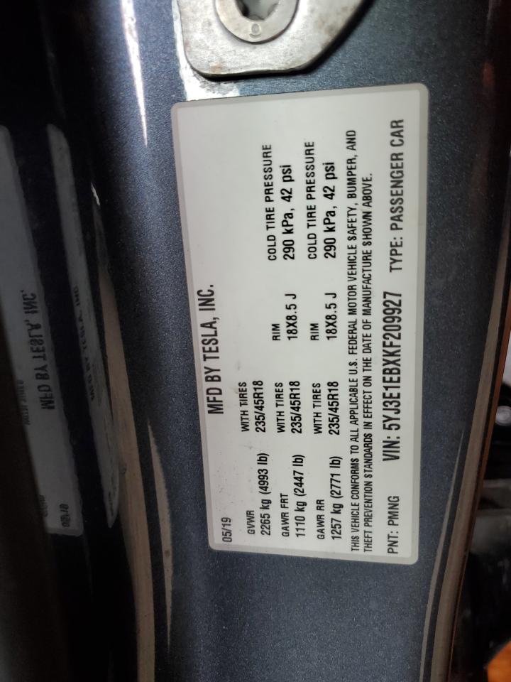 2019 Tesla Model 3 VIN: 5YJ3E1EBXKF209927 Lot: 84726955