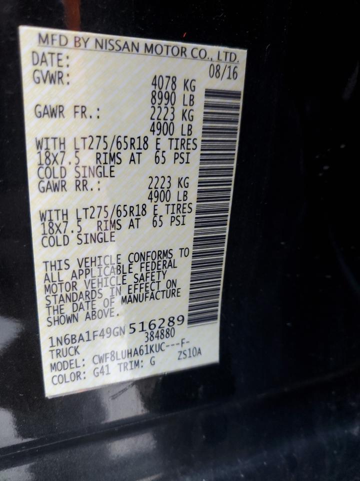 2016 Nissan Titan Xd Sl VIN: 1N6BA1F49GN516289 Lot: 85381865