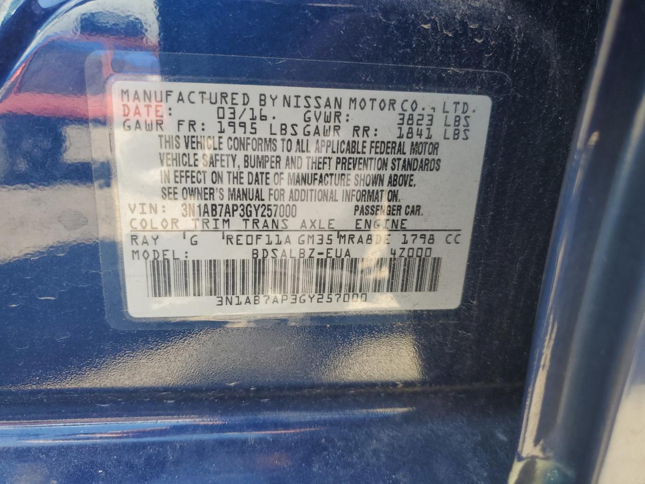 2016 Nissan Sentra S VIN: 3N1AB7AP3GY257000 Lot: 85884025