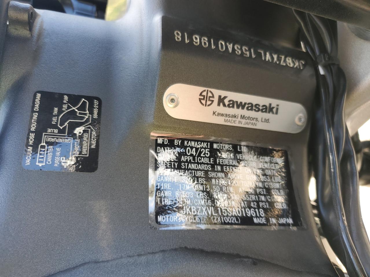 2025 Kawasaki Zx1002 L VIN: JKBZXVL15SA019618 Lot: 84921875