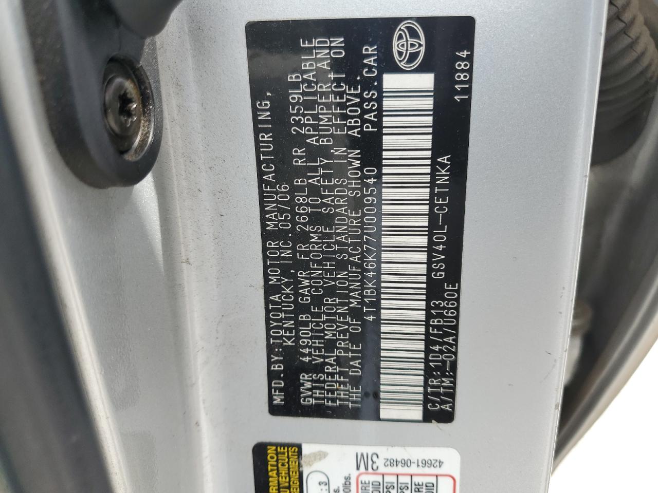 2007 Toyota Camry Le VIN: 4T1BK46K77U009540 Lot: 82472495