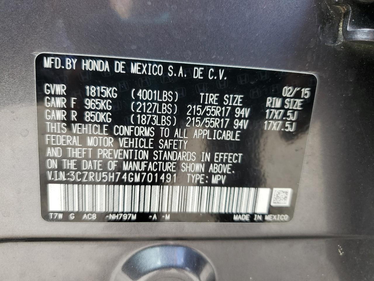 2016 Honda Hr-V Exl VIN: 3CZRU5H74GM701491 Lot: 86238715