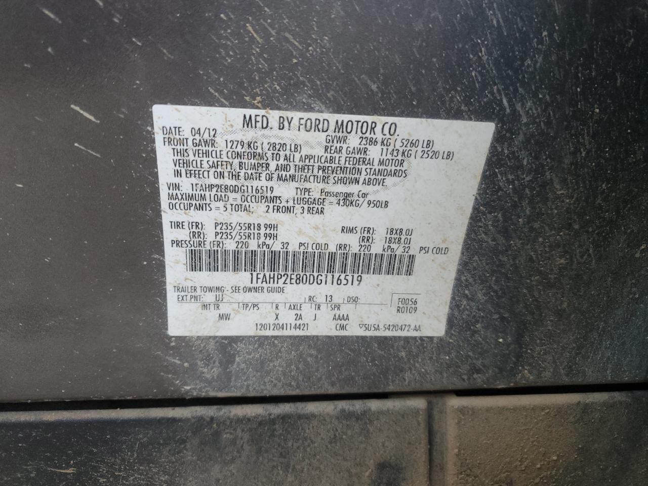 2013 Ford Taurus Sel VIN: 1FAHP2E80DG116519 Lot: 82655245