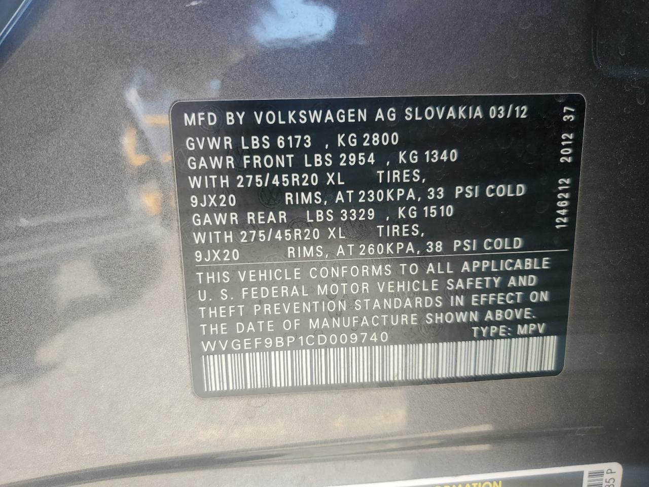 2012 Volkswagen Touareg V6 VIN: WVGEF9BP1CD009740 Lot: 94573865