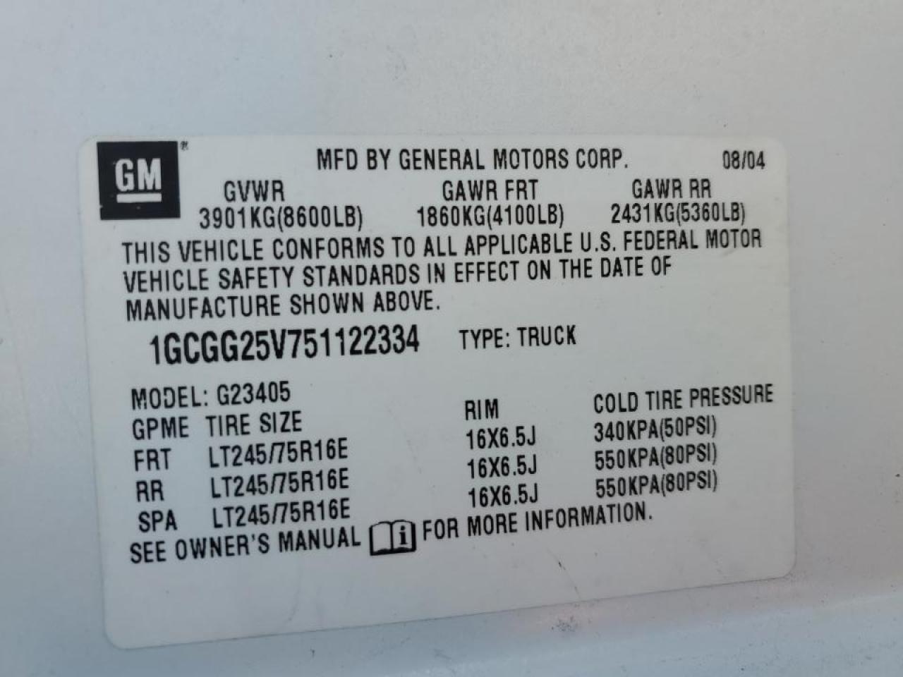 2005 Chevrolet Express 2500 Delivery Van VIN: 1GCGG25V751122334 Lot: 87311995