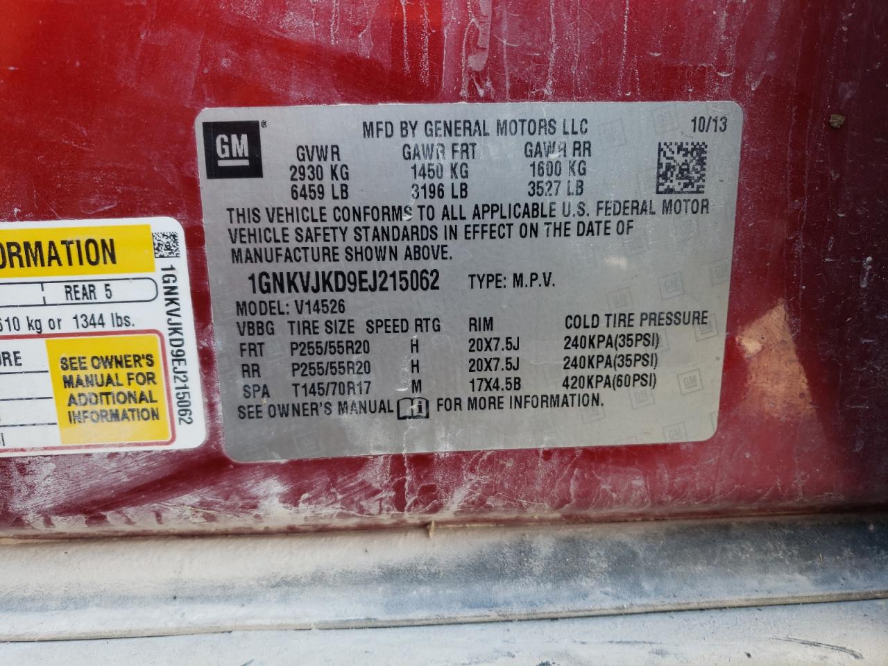 2014 Chevrolet Traverse Ltz VIN: 1GNKVJKD9EJ215062 Lot: 84064895