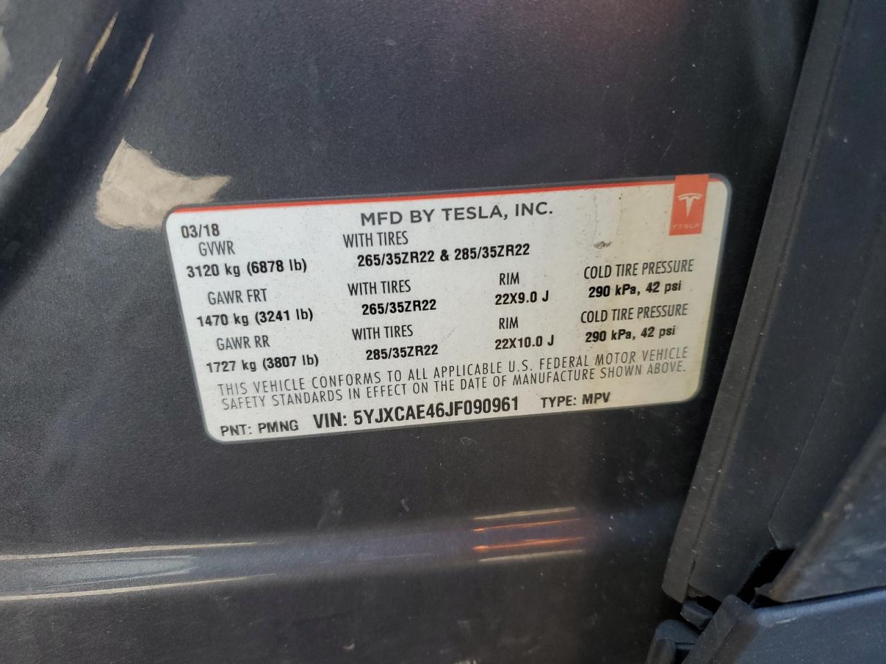 2018 Tesla Model X VIN: 5YJXCAE46JF090961 Lot: 86862005