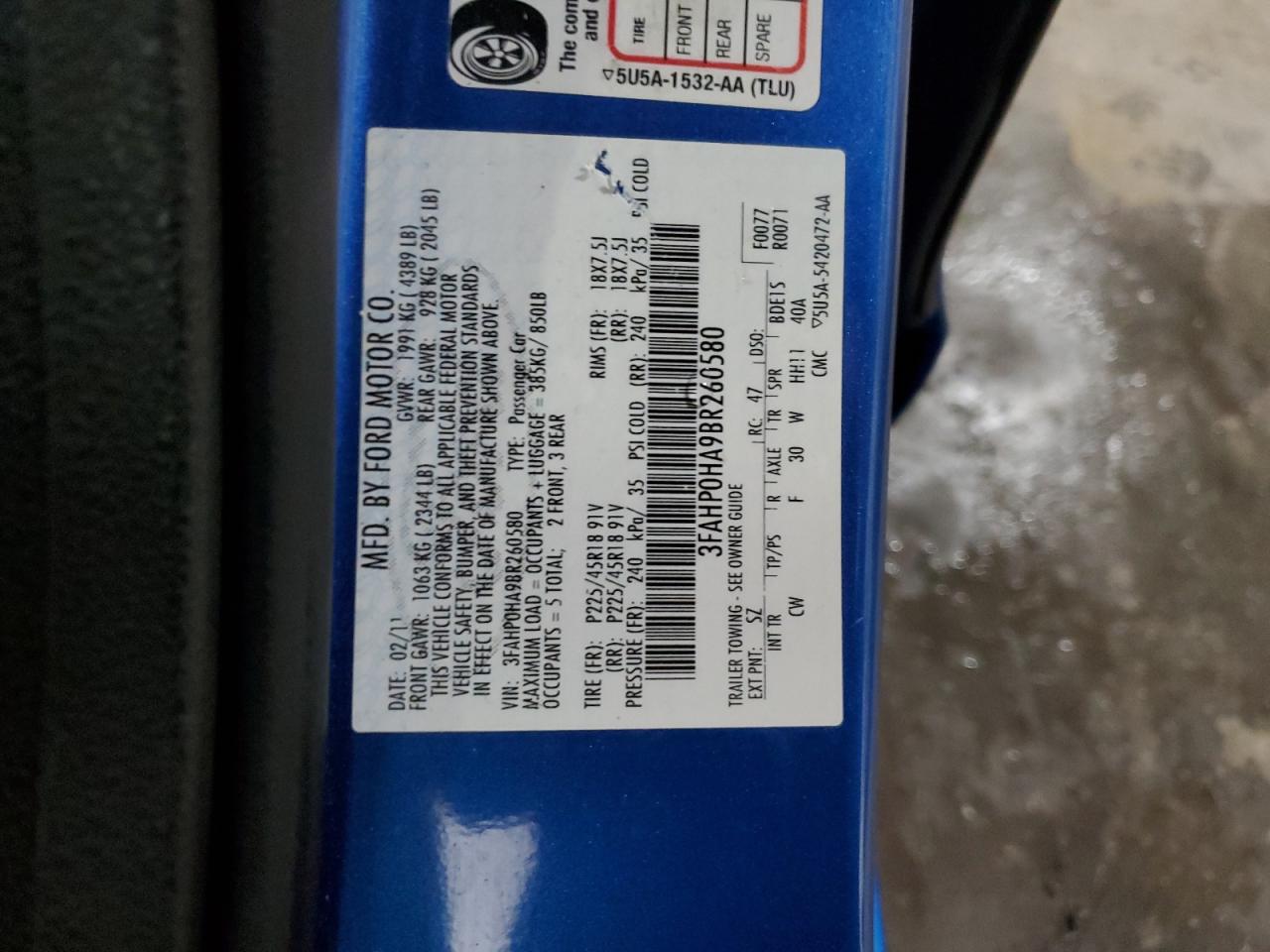 2011 Ford Fusion Se VIN: 3FAHP0HA9BR260580 Lot: 89732785