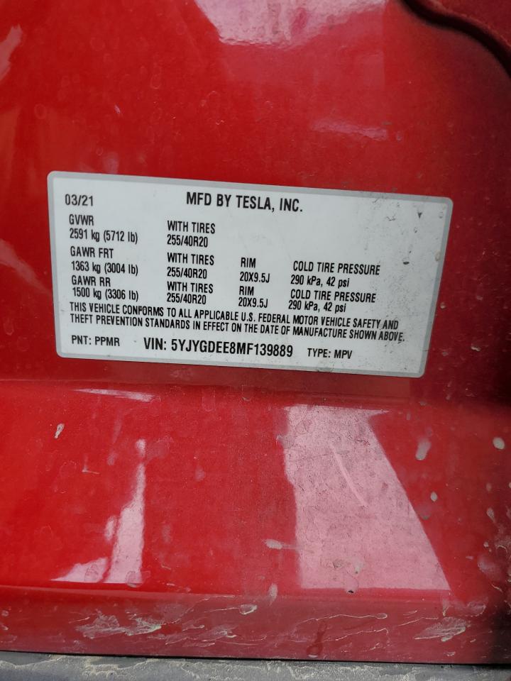 2021 Tesla Model Y VIN: 5YJYGDEE8MF139889 Lot: 84915495