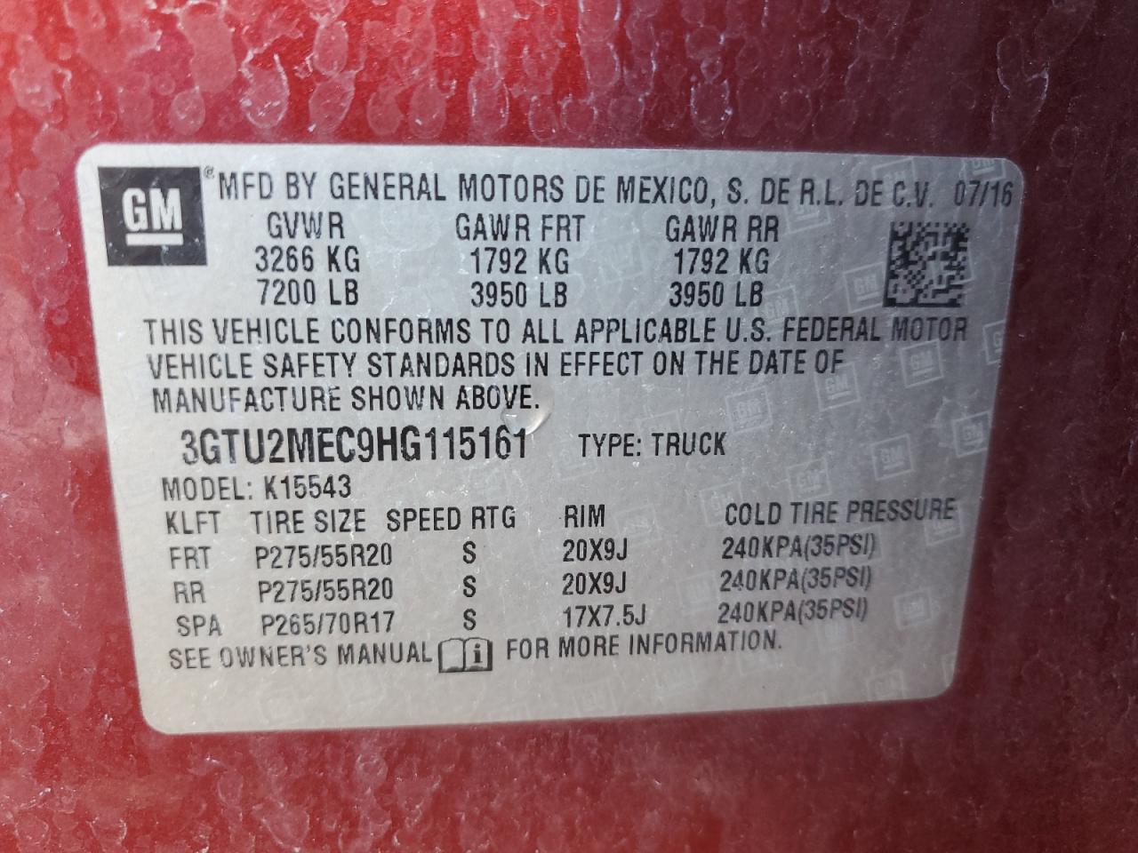 2017 GMC Sierra K1500 Sle VIN: 3GTU2MEC9HG115161 Lot: 86817885