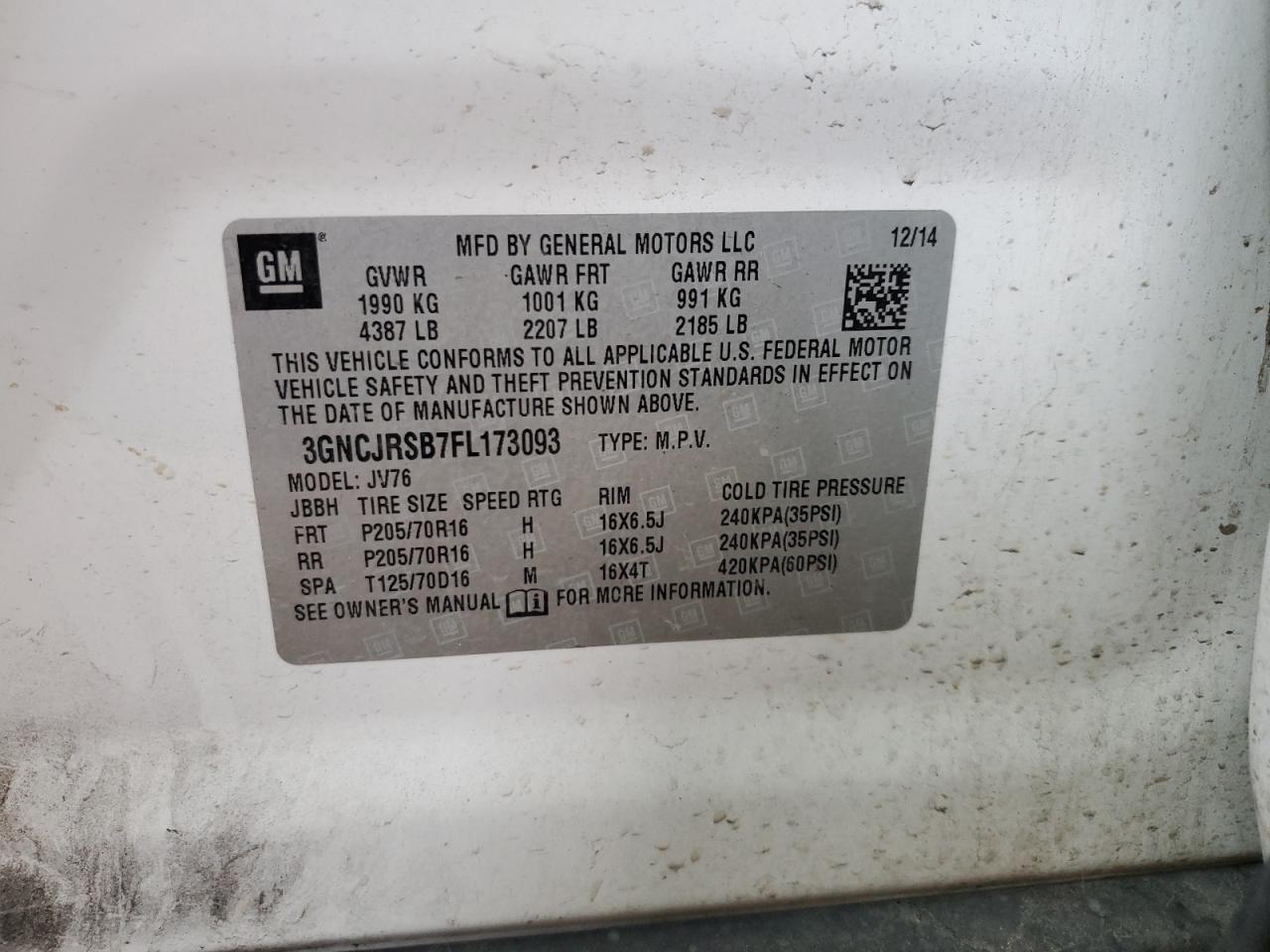 2015 Chevrolet Trax 1Lt VIN: 3GNCJRSB7FL173093 Lot: 85592735