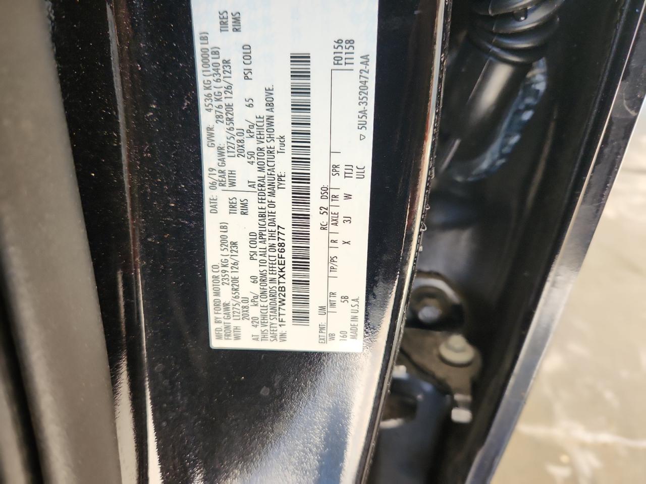 2019 Ford F250 Super Duty VIN: 1FT7W2BTXKEF68777 Lot: 85192485
