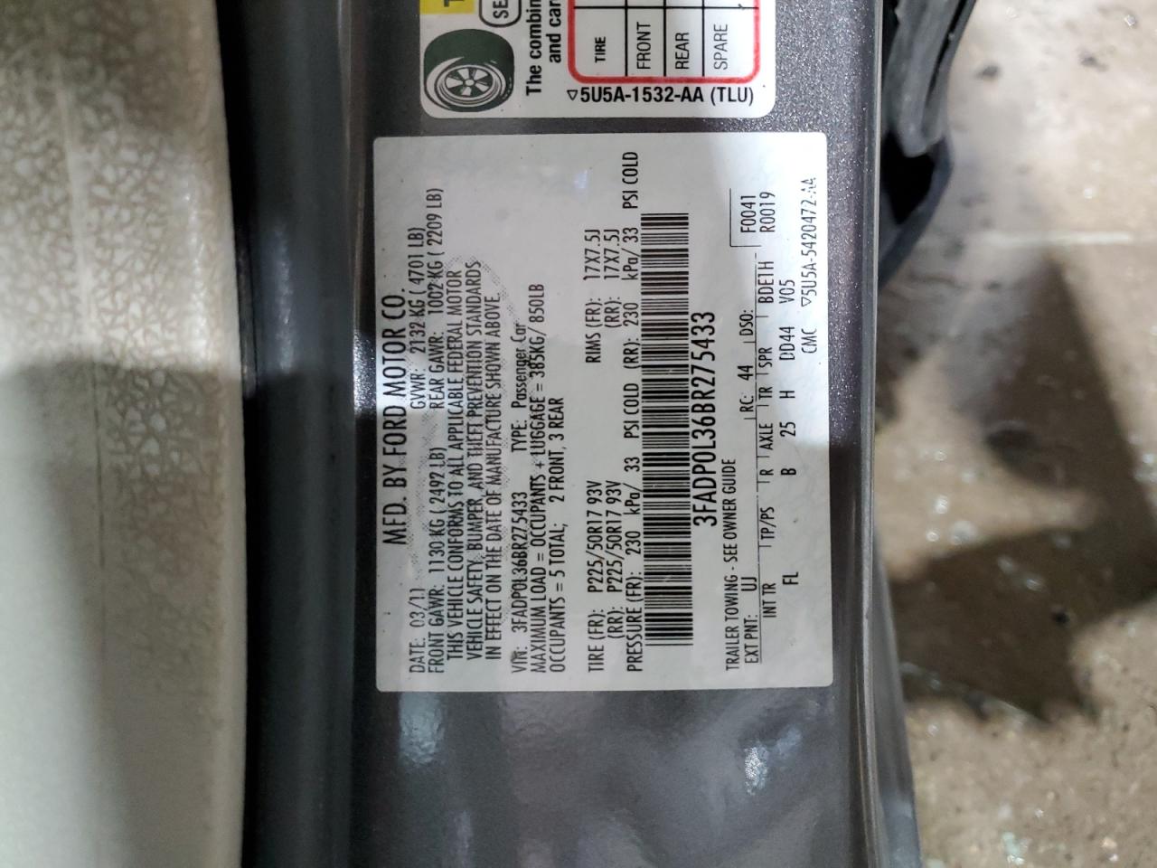 2011 Ford Fusion Hybrid VIN: 3FADP0L36BR275433 Lot: 86796815