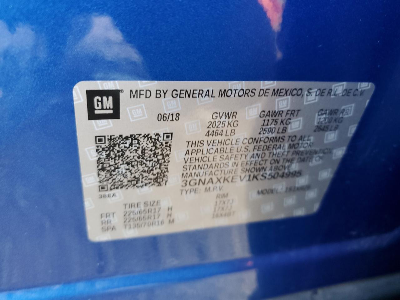 2019 Chevrolet Equinox Lt VIN: 3GNAXKEV1KS504995 Lot: 85499025