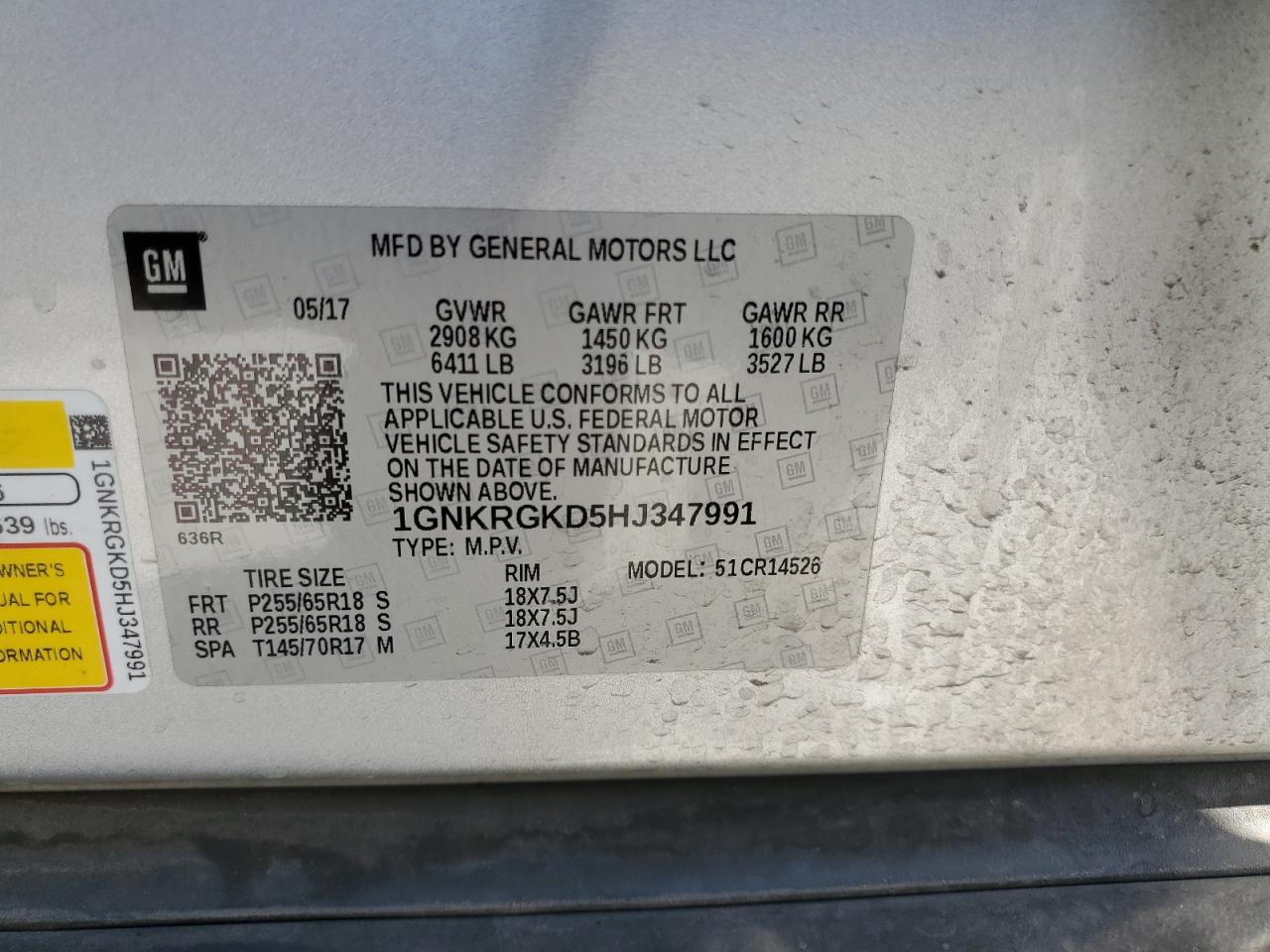 2017 Chevrolet Traverse Lt VIN: 1GNKRGKD5HJ347991 Lot: 84549105