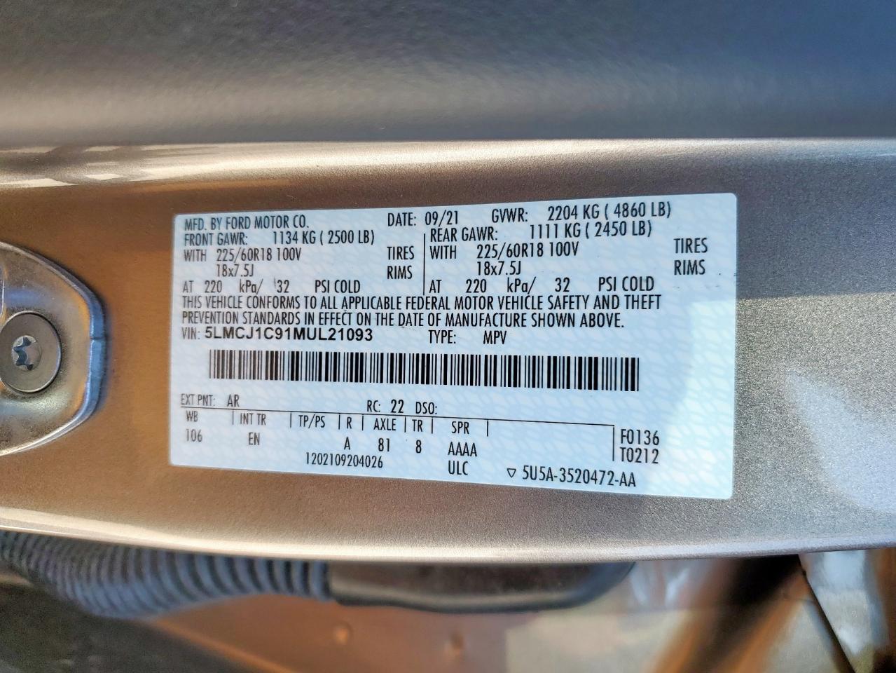 2021 Lincoln Corsair VIN: 5LMCJ1C91MUL21093 Lot: 86684475