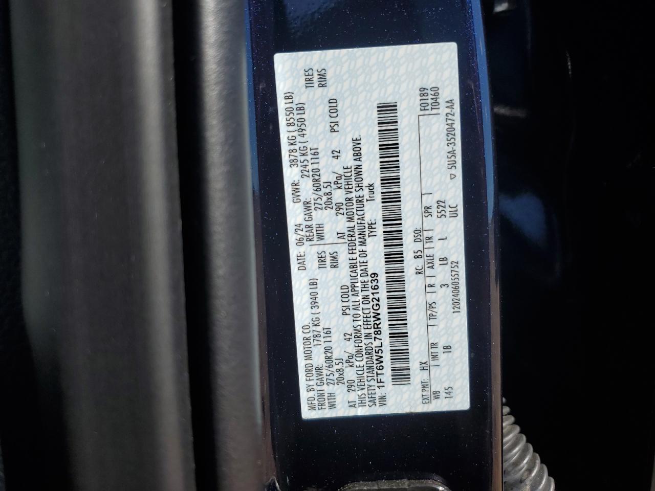 2024 Ford F150 Lightning Lariat VIN: 1FT6W5L78RWG21639 Lot: 82419985